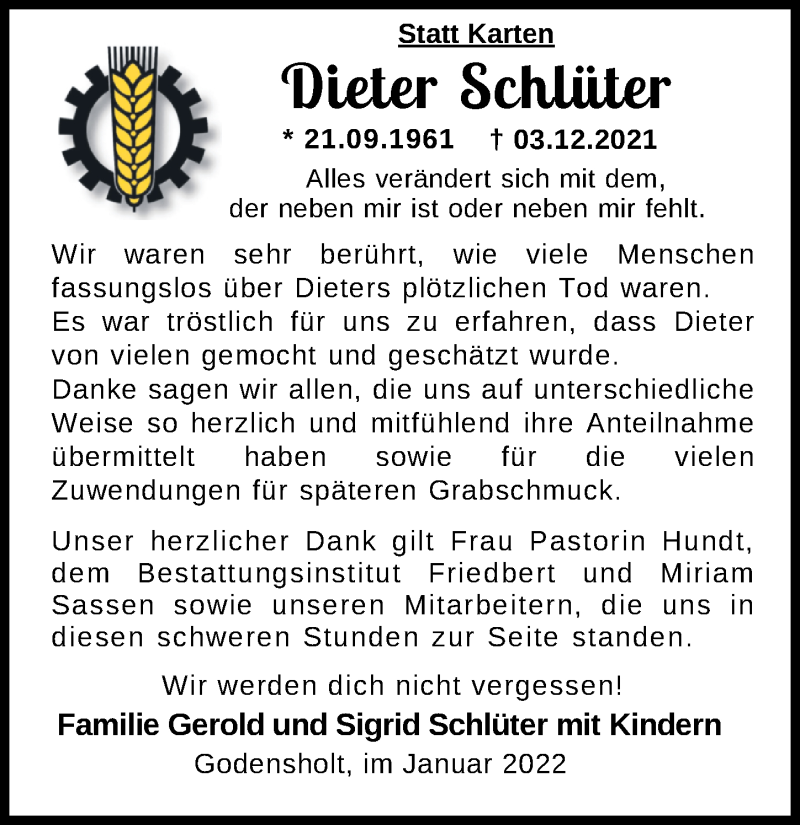  Traueranzeige für Dieter Schlüter vom 28.01.2022 aus Nordwest-Zeitung