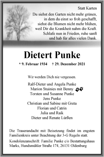 Traueranzeige von Dietert Punke von Nordwest-Zeitung