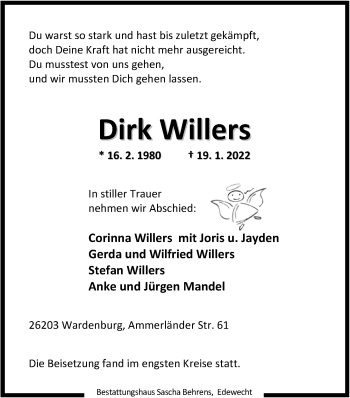Traueranzeige von Dirk Willers von Nordwest-Zeitung