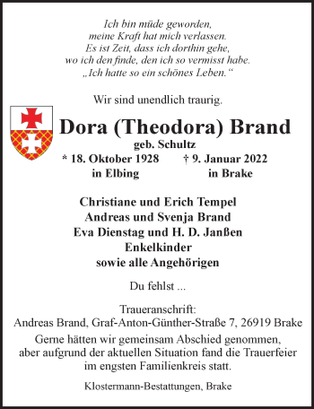 Traueranzeige von Dora Brand von Nordwest-Zeitung