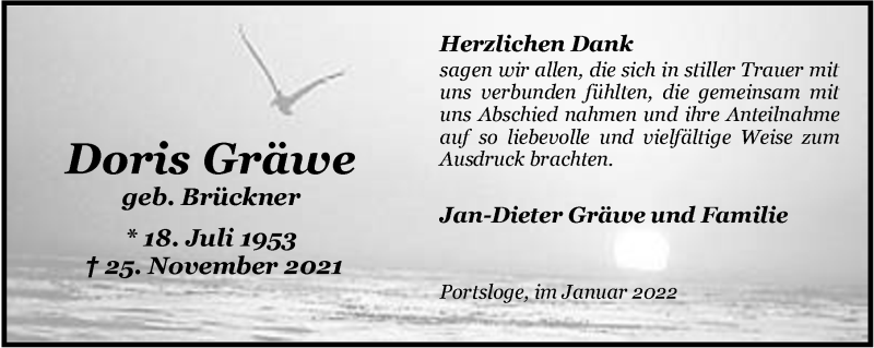  Traueranzeige für Doris Gräwe vom 15.01.2022 aus Nordwest-Zeitung