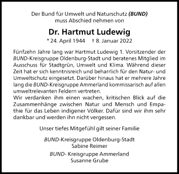 Traueranzeige von Dr. Hartmut Ludewig von Nordwest-Zeitung
