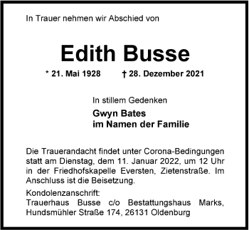 Traueranzeige von Edith Busse von Nordwest-Zeitung
