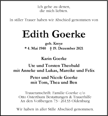 Traueranzeige von Edith Goerke von Nordwest-Zeitung