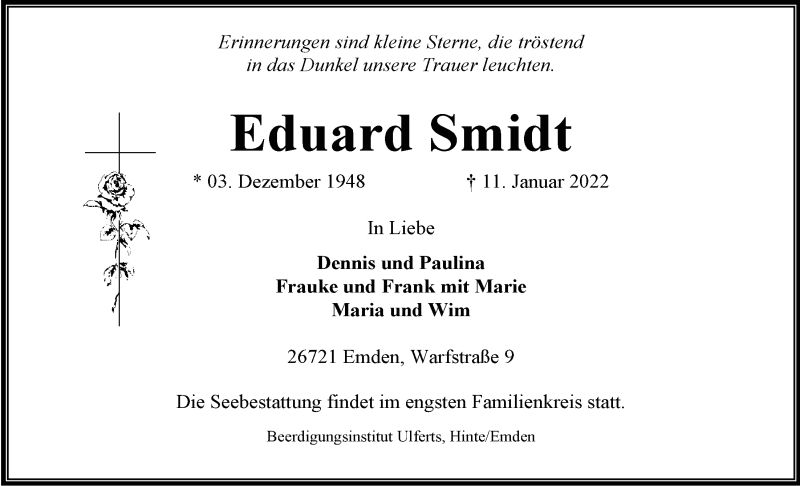  Traueranzeige für Eduard Smidt vom 15.01.2022 aus Emder Zeitung
