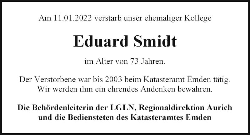  Traueranzeige für Eduard Smidt vom 24.01.2022 aus Emder Zeitung