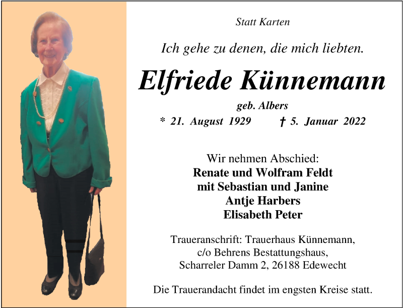  Traueranzeige für Elfriede Künnemann vom 15.01.2022 aus Nordwest-Zeitung