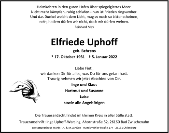 Traueranzeige von Elfriede Uphoff von Nordwest-Zeitung