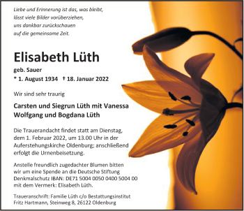 Traueranzeige von Elisabeth Lüth von Nordwest-Zeitung