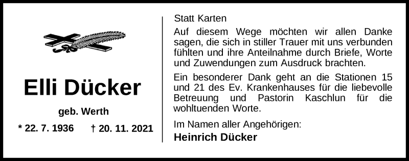  Traueranzeige für Elli Dücker vom 07.01.2022 aus Nordwest-Zeitung