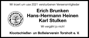 Traueranzeige von Erich Brunken von Nordwest-Zeitung
