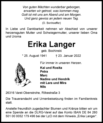 Traueranzeige von Erika Langer von Nordwest-Zeitung