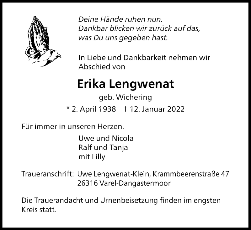  Traueranzeige für Erika Lengwenat vom 15.01.2022 aus Nordwest-Zeitung