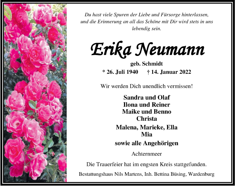  Traueranzeige für Erika Neumann vom 22.01.2022 aus Nordwest-Zeitung