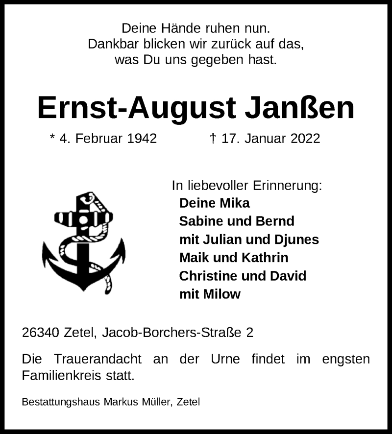  Traueranzeige für Ernst-August Janßen vom 22.01.2022 aus Nordwest-Zeitung