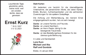 Traueranzeige von Ernst Kurz von Nordwest-Zeitung