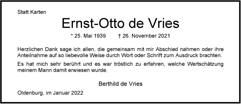  Traueranzeige für Ernst-Otto de Vries vom 22.01.2022 aus Nordwest-Zeitung