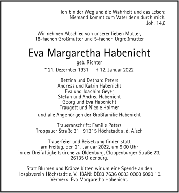 Traueranzeige von Eva Margaretha Habenicht von Nordwest-Zeitung