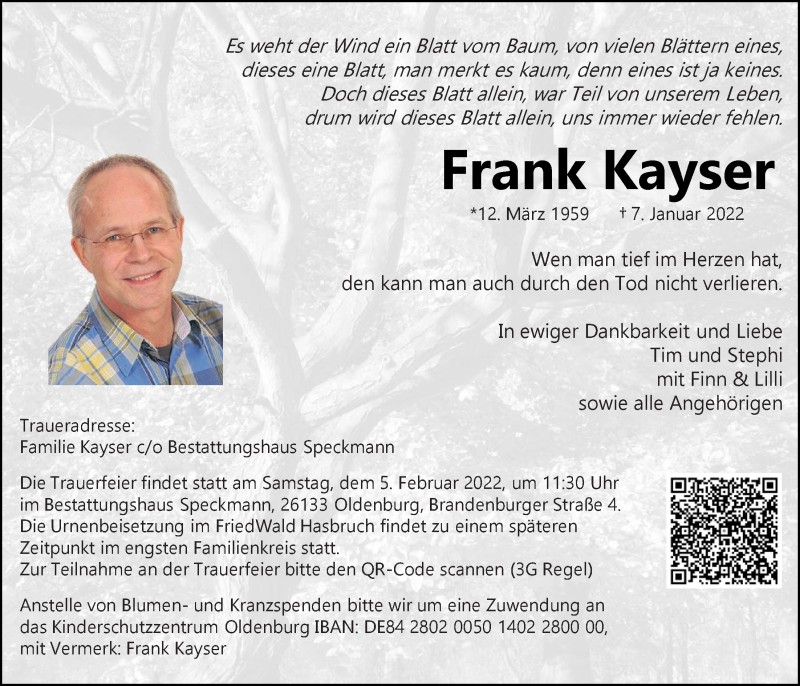  Traueranzeige für Frank Kayser vom 22.01.2022 aus Nordwest-Zeitung