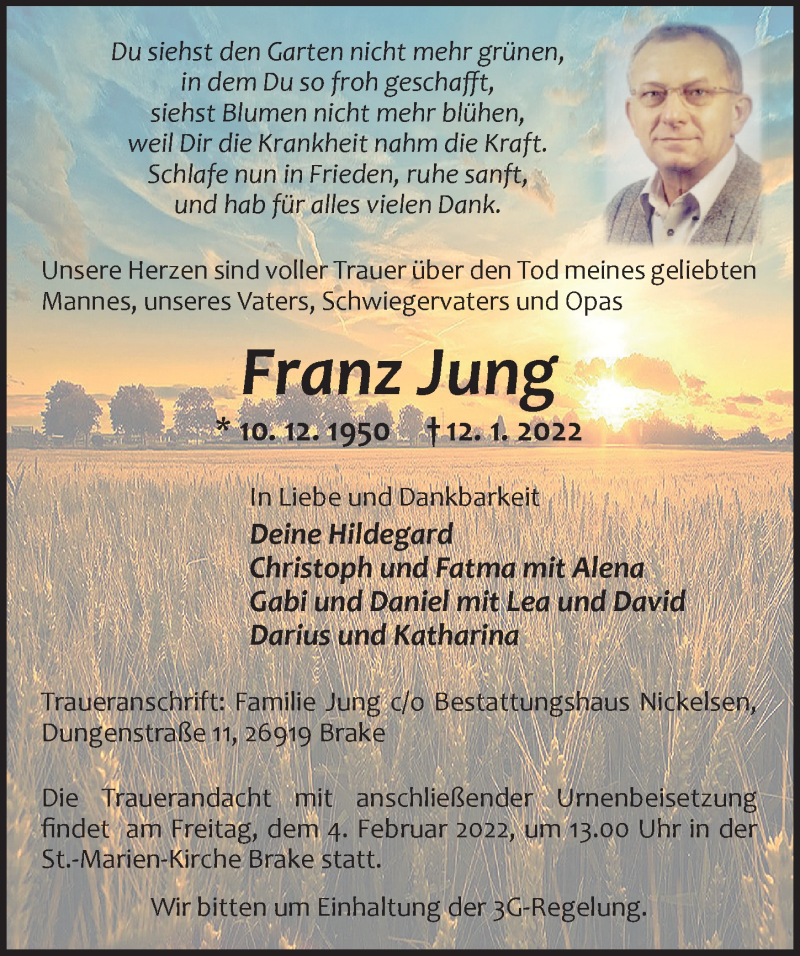  Traueranzeige für Franz Jung vom 27.01.2022 aus Nordwest-Zeitung