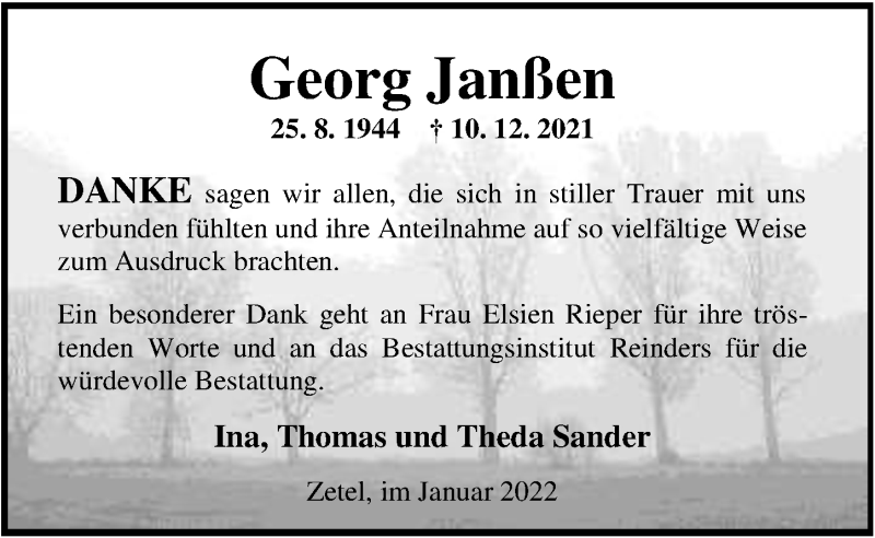  Traueranzeige für Georg Janßen vom 15.01.2022 aus Nordwest-Zeitung