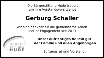 Traueranzeige von Gerburg Schaller von Nordwest-Zeitung