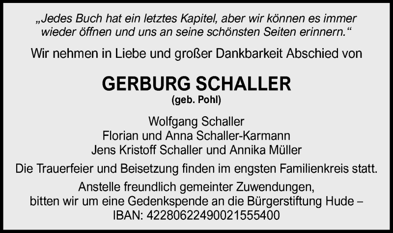  Traueranzeige für Gerburg Schaller vom 08.01.2022 aus Nordwest-Zeitung