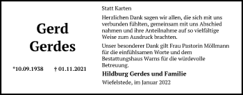 Traueranzeige von Gerd Gerdes von Nordwest-Zeitung