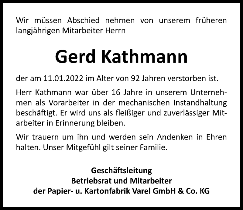  Traueranzeige für Gerd Kathmann vom 15.01.2022 aus Nordwest-Zeitung