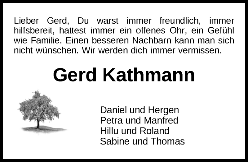  Traueranzeige für Gerd Kathmann vom 15.01.2022 aus Nordwest-Zeitung