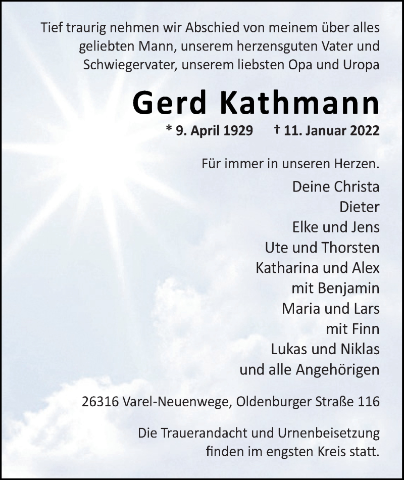  Traueranzeige für Gerd Kathmann vom 15.01.2022 aus Nordwest-Zeitung
