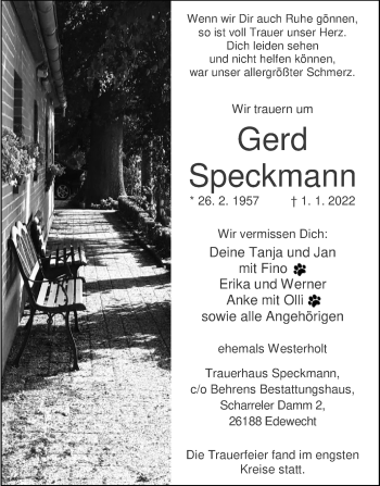 Traueranzeige von Gerd Speckmann von Nordwest-Zeitung