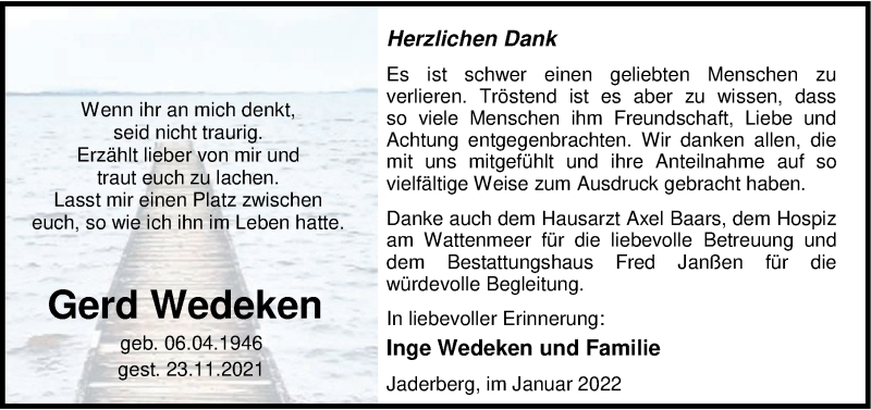  Traueranzeige für Gerd Wedeken vom 07.01.2022 aus Nordwest-Zeitung