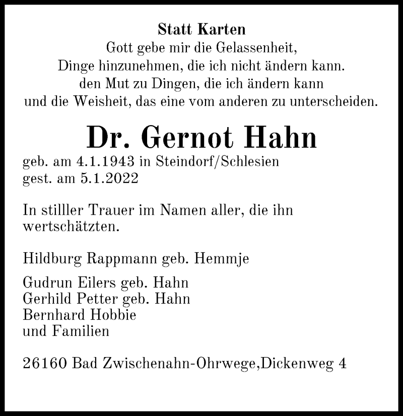 Traueranzeige für Gernot Hahn vom 15.01.2022 aus Nordwest-Zeitung