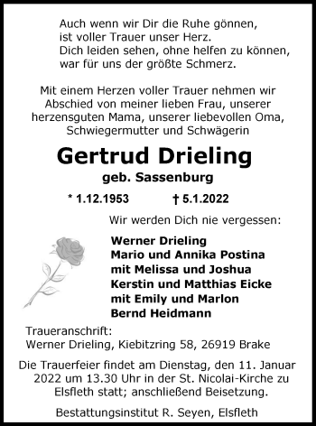 Traueranzeige von Gertrud Drieling von Nordwest-Zeitung