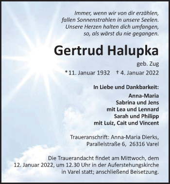 Traueranzeige von Gertrud Halupka von Nordwest-Zeitung