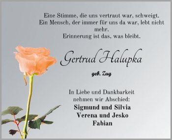 Traueranzeige von Gertrud Halupka von Nordwest-Zeitung