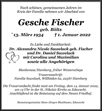 Traueranzeige von Gesche Fischer von Nordwest-Zeitung