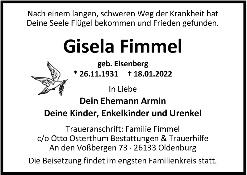  Traueranzeige für Gisela Fimmel vom 22.01.2022 aus Nordwest-Zeitung