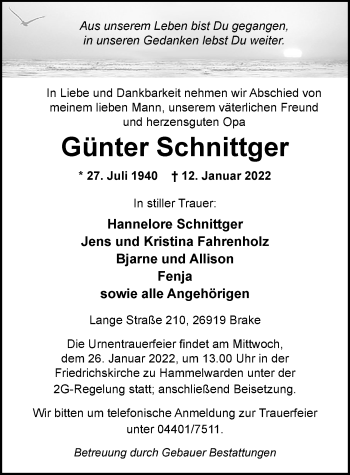 Traueranzeige von Günter Schnittger von Nordwest-Zeitung