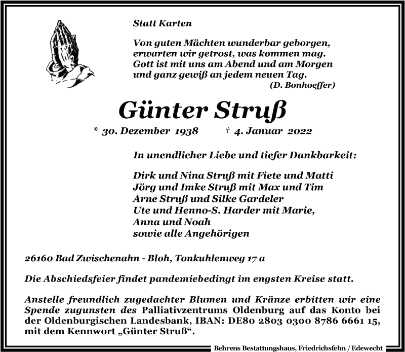  Traueranzeige für Günter Struß vom 08.01.2022 aus Nordwest-Zeitung