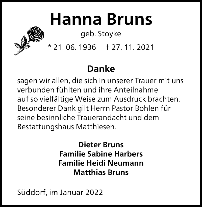  Traueranzeige für Hanna Bruns vom 14.01.2022 aus Nordwest-Zeitung
