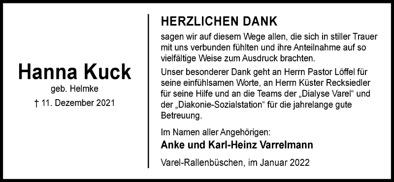  Traueranzeige für Hanna Kuck vom 08.01.2022 aus Nordwest-Zeitung
