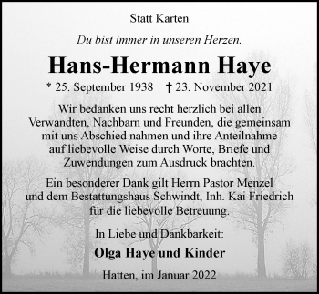 Traueranzeige von Hans-Hermann Haye von Nordwest-Zeitung