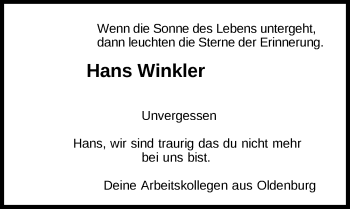 Traueranzeige von Hans Winkler von Nordwest-Zeitung