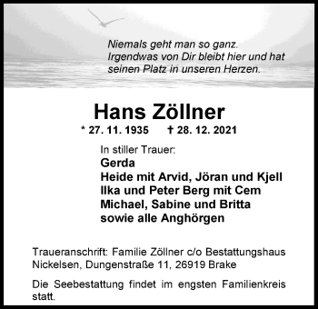Traueranzeige von Hans Zöllner von Nordwest-Zeitung