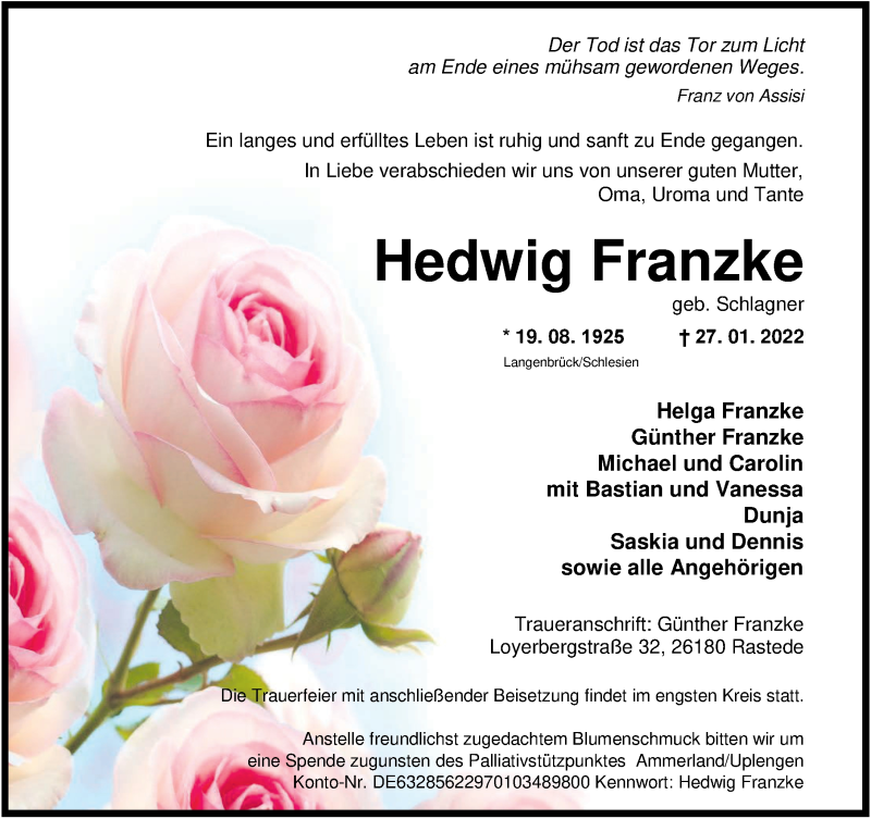  Traueranzeige für Hedwig Franzke vom 01.02.2022 aus Nordwest-Zeitung