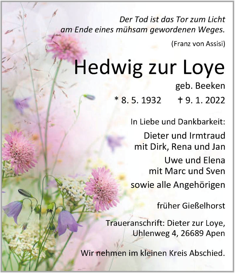  Traueranzeige für Hedwig zur Loye vom 12.01.2022 aus Nordwest-Zeitung