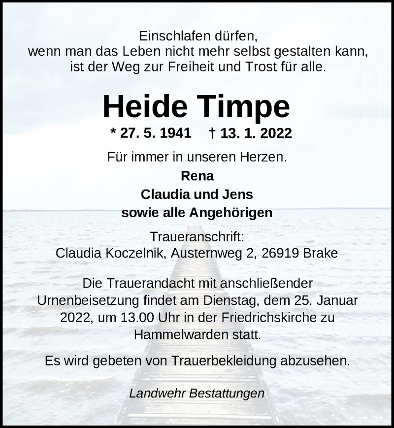  Traueranzeige für Heide Timpe vom 19.01.2022 aus Nordwest-Zeitung