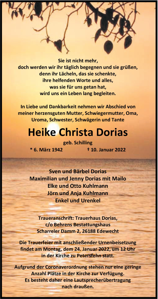  Traueranzeige für Heike Christa Dorias vom 15.01.2022 aus Nordwest-Zeitung